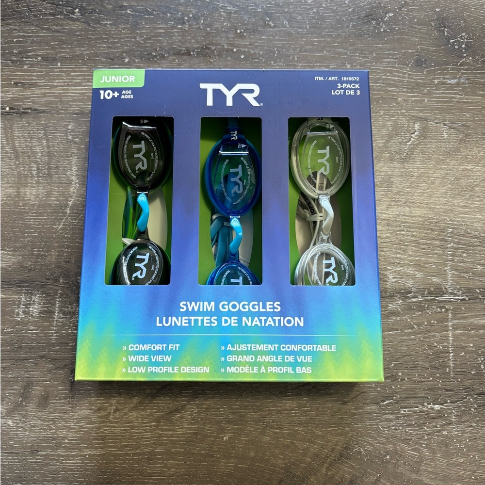 TYR Swim Goggles with Blue and Yellow Packaging